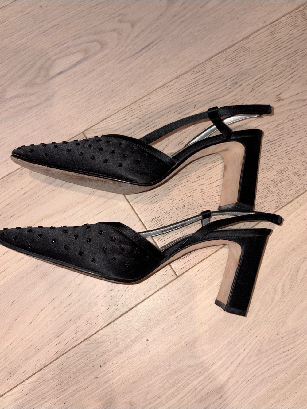 Vintage Black Satin Pointed Slingback Heels with bead Detail